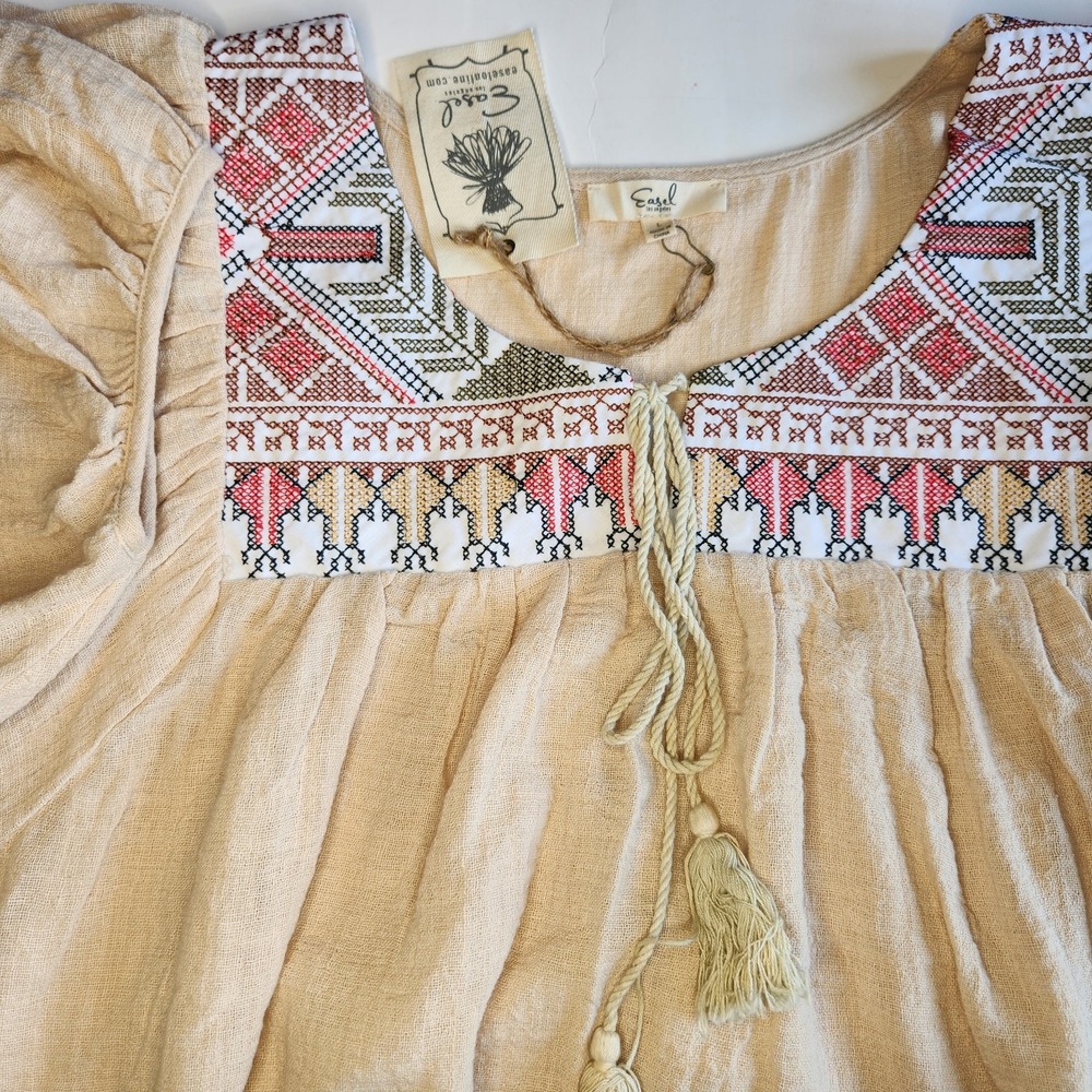 EASEL Linen Shirt Womens Medium Southwest Embroidered Short Sleeve‎ Boho Top